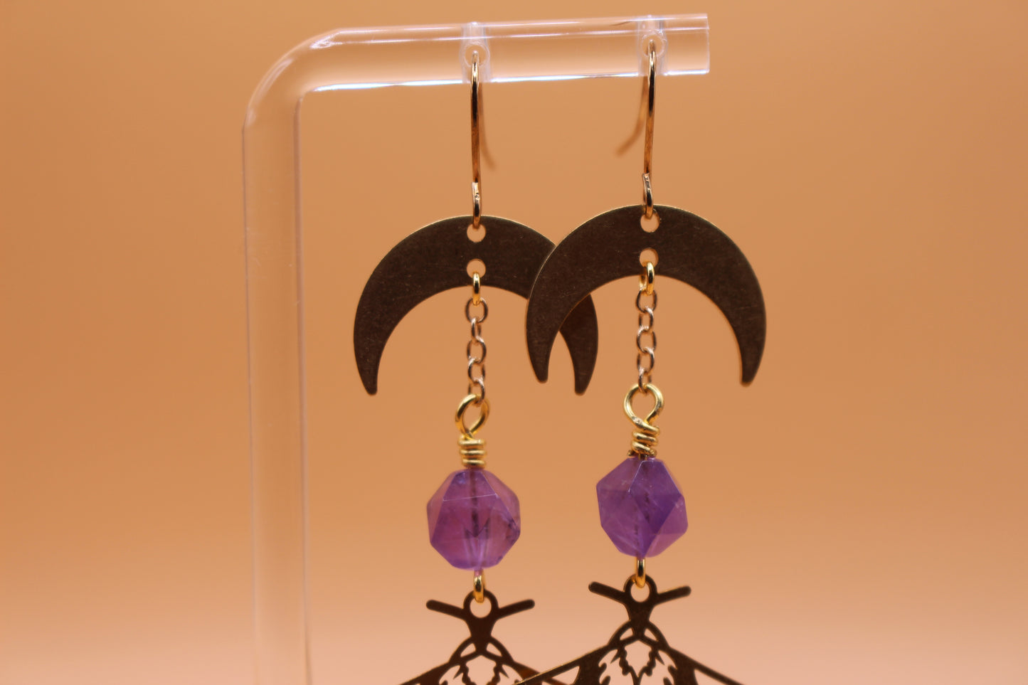 Faceted Amethyst Brass Moth Earrings