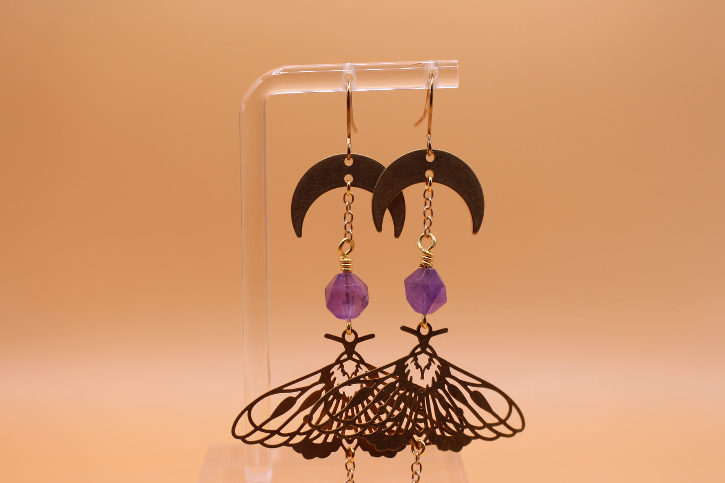 Faceted Amethyst Brass Moth Earrings