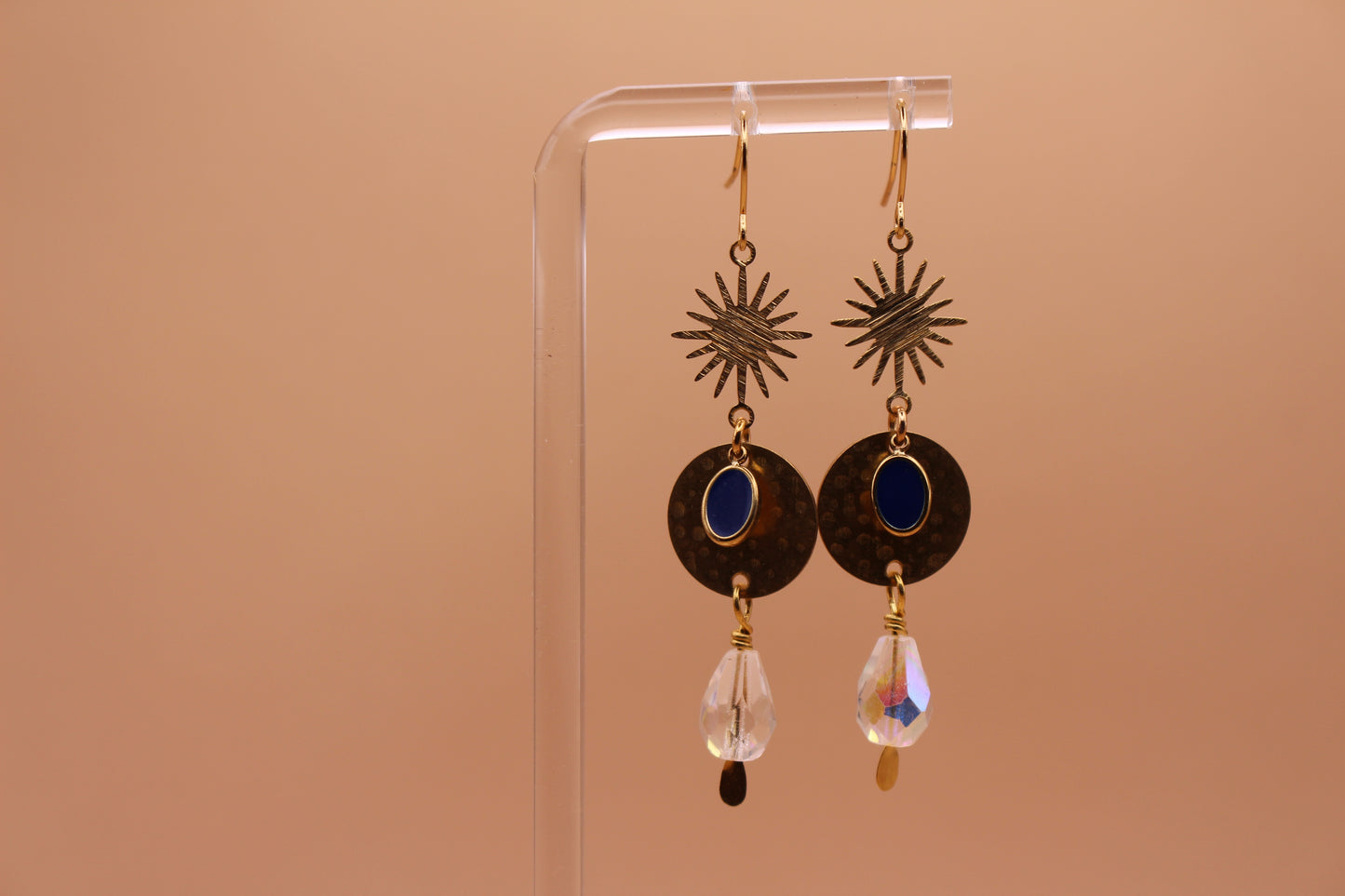 Sapphire Blue Enamel Sunburst Crystal Dangle