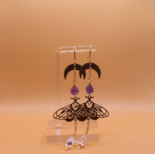 Faceted Amethyst Brass Moth Earrings