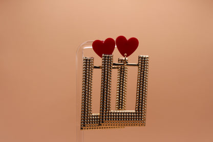 Red Heart & Gold Textured Rectangle Charm